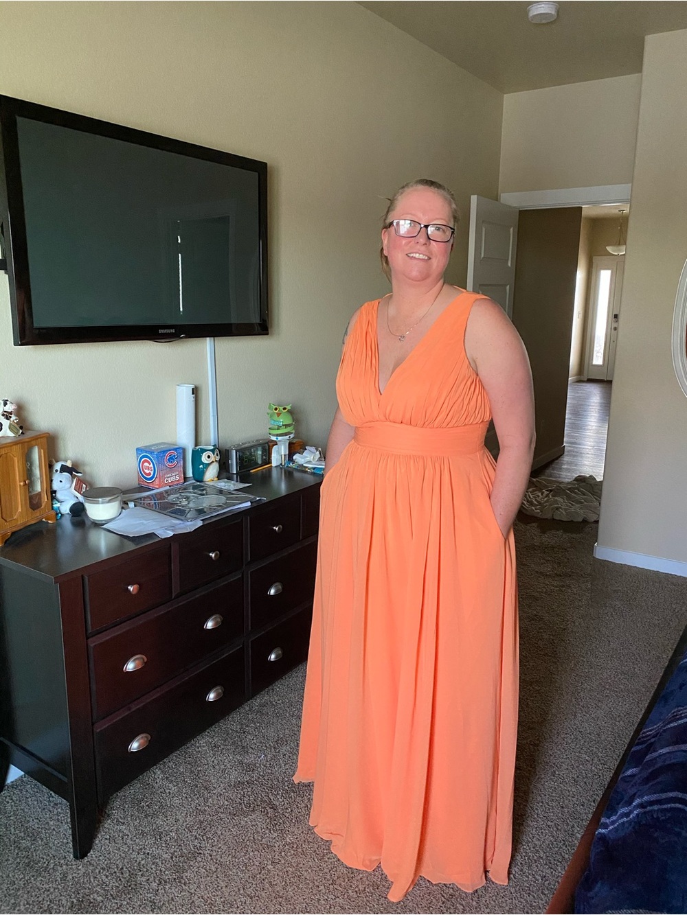Sleeveless V-Neck Orange Maxi Dress with pockets, size 16